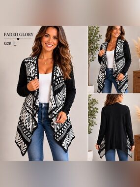 FADED GLORY black and white boho style Aztec open front cardigan/ size L
